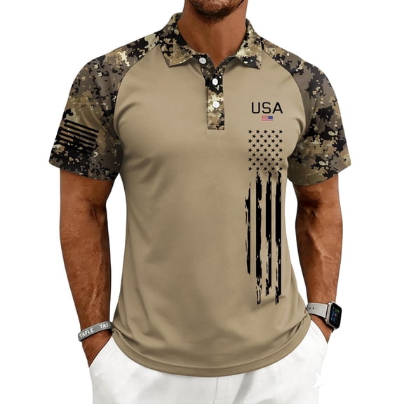GrmtClth 1776 2026 Usa Camo Raglan Polo Shirt for Men Independence Day 4th Of July Casual Tops Collared Soft Short Sleeve Button Golf Polos Beige 2XL