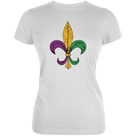 Mardi Gras Fleur De Lis Distressed White Juniors Soft T-Shirt - Large