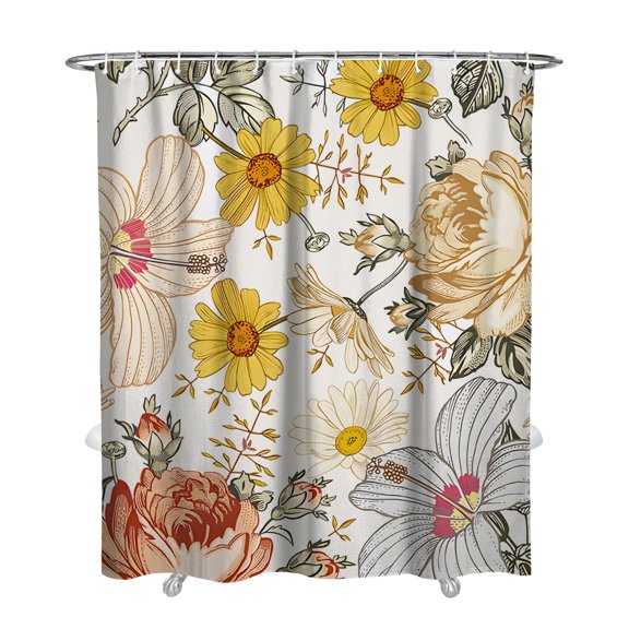 Watercolor Bee and Peony Shower Curtain – Artistic Floral Garden Pattern, Farmhouse Style, 72x84 Inches