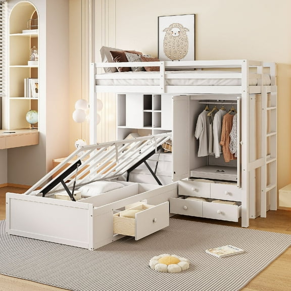 Twin Over Twin Bunk Bed Frame with Wardrobe and 4 Drawers, Wooden Bunk Bed with Storage Shelves and Hydraulic Bed, Bedroom Bunk Beds with Safety Guard Rails and Ladder, Mattress Not Included, White