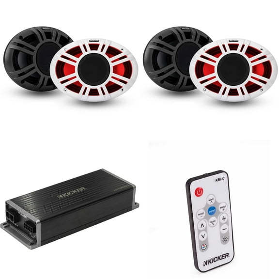 Kicker Marine KPX300.4 Powersports Amp & (2) 6x9" HLCD Marine LED Speakers ( Includes LED Remote )