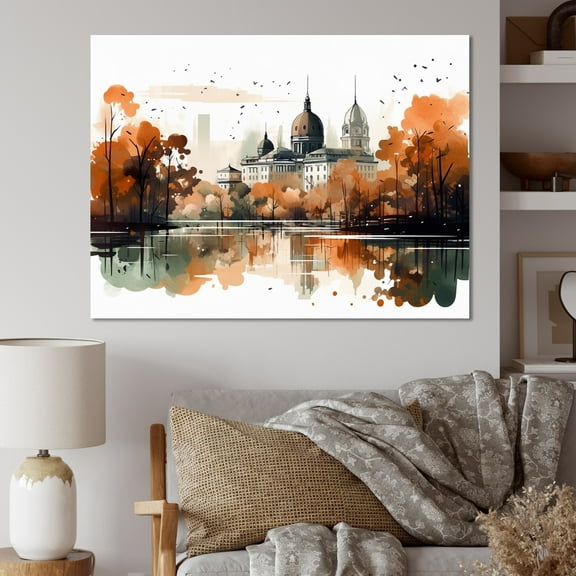 DESIGN ART Designart "Brown And Orange Urban Rhythms" City Art Deco Wall Decor 32 in. wide x 24 in. high