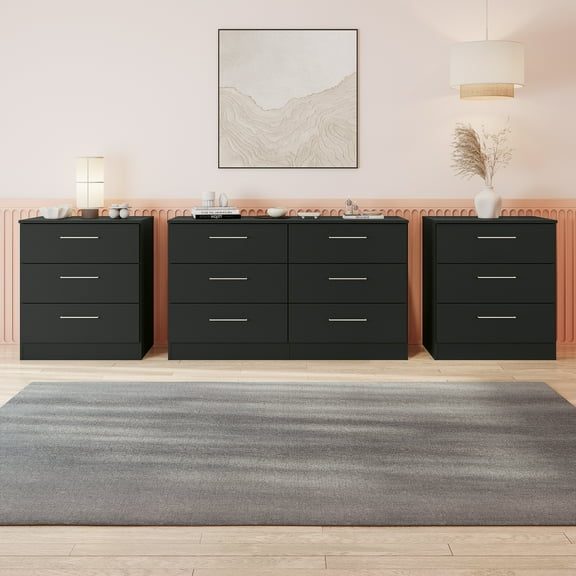 Kappesberg Foster 3-Piece Bedroom Set, One 6-Drawer Dresser & Two 3-Drawer Tall Chest, in Black, for Adults and Teens