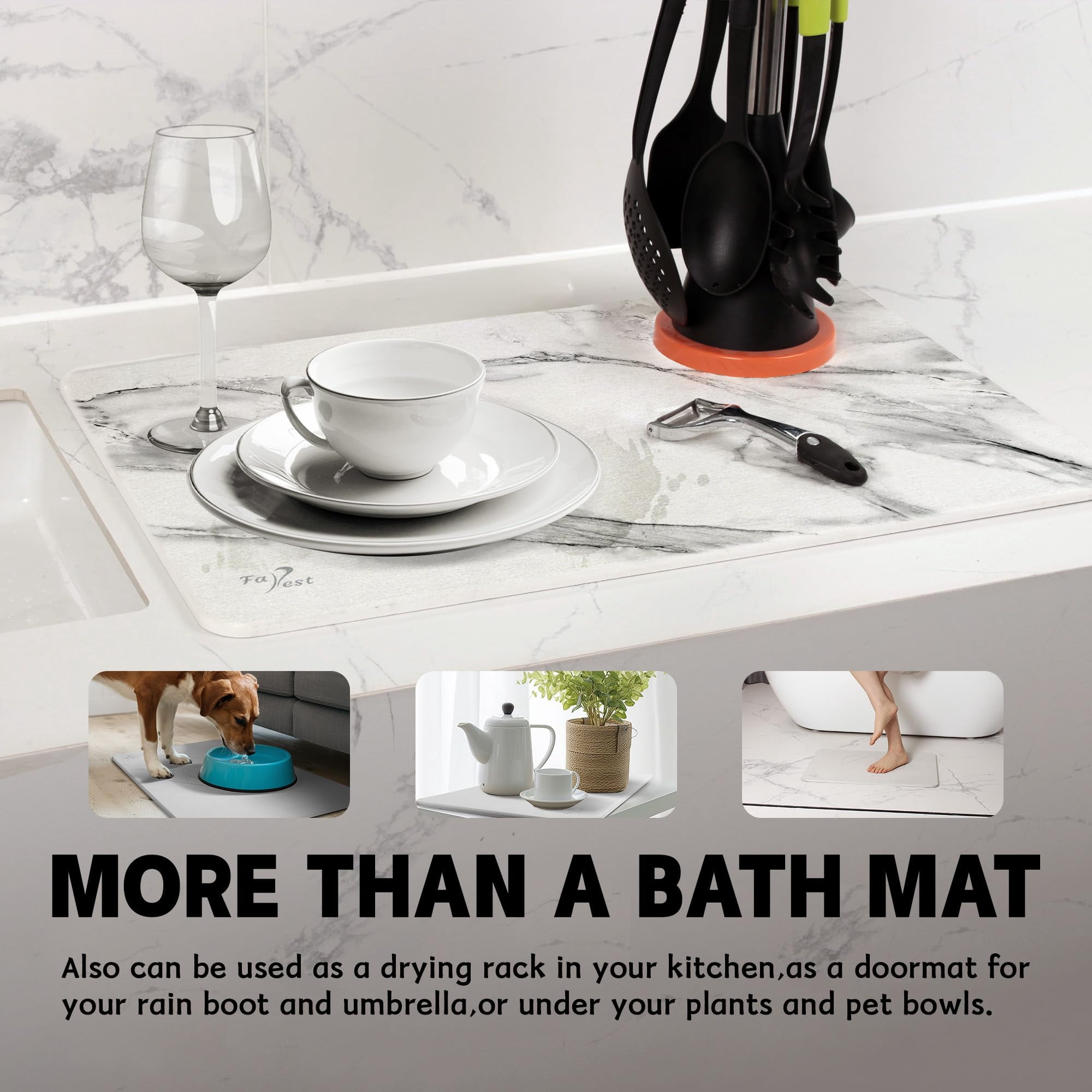 Stone Bath Mat, Diatomaceous Earth Fast-Drying & Absorbent Shower Mat, Non-Slip Diatomite Bathroom Floor Mat for Bathtub, White Marble