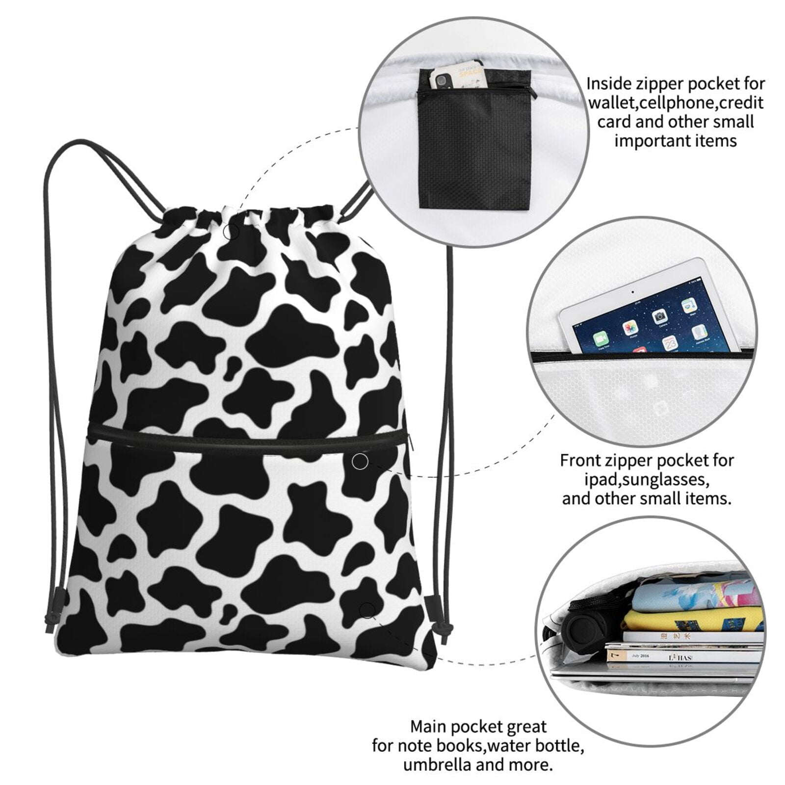 Vsdgher Cow Print Black White Drawstring Backpack Water Resistant String Bag Sports Sackpack Gym Sack for Men Women