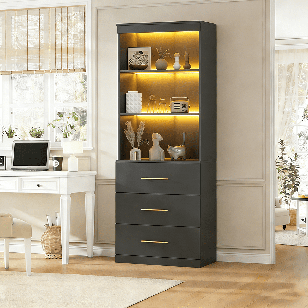 Frmobepts 71" Tall Bookcases with 3 Large Drawers & 3 Shelves, Wooden Bookshelf for Living Room Office, Black