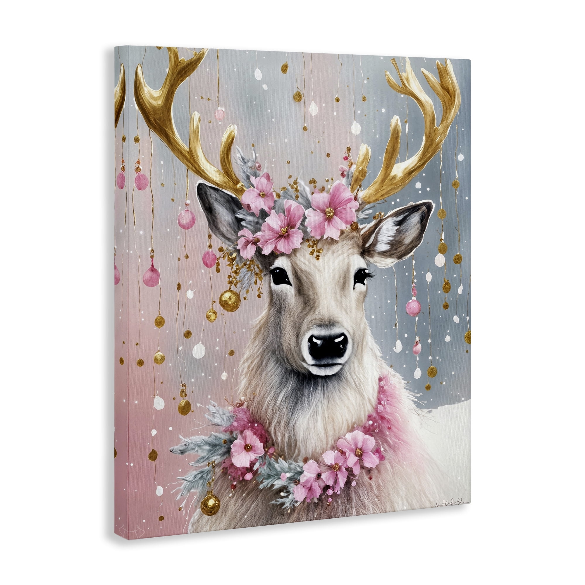 Stupell Industries Pink Floral Festive Reindeer Holiday Painting Gallery Wrapped Canvas Art Prints Wall Art, 24 x 30