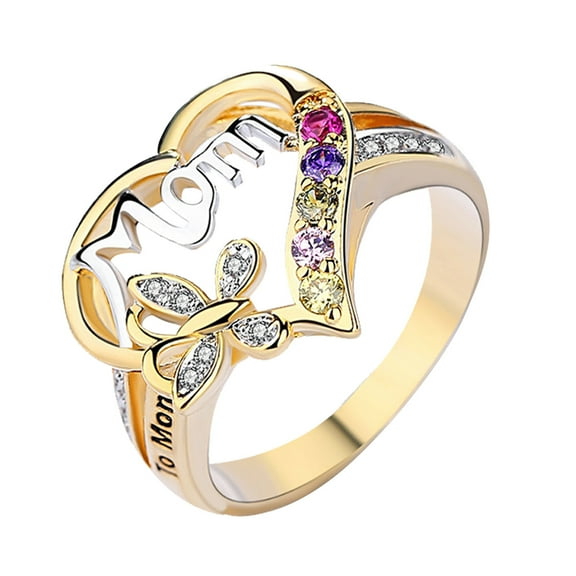 Guodhu Mother Ring Birthstone Heart Cubic Zirconia Rings for Women Mom Grandma Wife Personalized Mothers Day Gifts Jewelry for Women