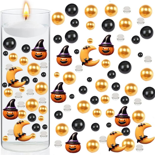 Fiudx Relleno para Jarrón de Halloween, Decoración con Cuentas de Perla, Portavelas Flotante, Decoración para Mesa de Fiesta, Accesorio para El Hogar, Multiusos, Incluye Cabezas de Calabaza y Cuentas