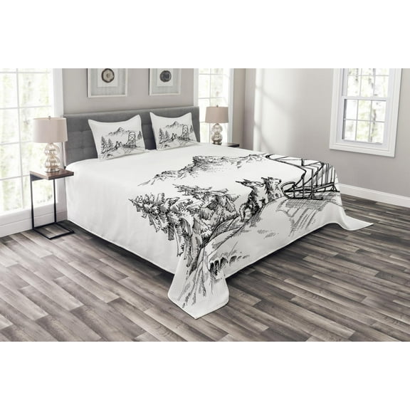 Ambesonne Alaskan Malamute Quilted Bedspread Set 3 Pcs, Winter Woods, Queen Size, Black and White