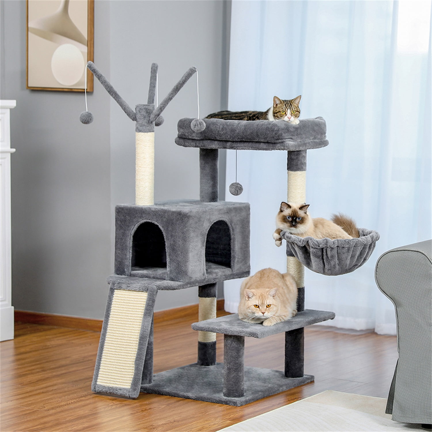 Pefilos 48" Multi-Level Cat Tree Modern Cat Condo for Large Cats with Scratching Board for Big Cat Tower for Indoor Cats, Gray Pefilos 48" Multi-Level Cat Tree Modern Cat Condo for Large Cats with Scratching Board for Big Cat Tower for Indoor Cats, Gray