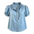 thumbnail image 6 of Womens Summer Shirts Puff Sleeve Button Down Denim Oversized Tshirts for Women Blue M, 6 of 9