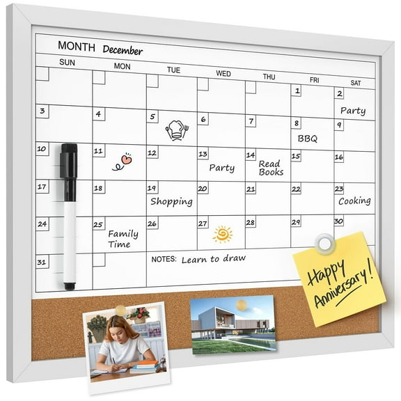 MaxGear Dry Erase Calendar Boards Monthly Whiteboard Calendar & Corkboard for Wall, Magnetic 17""x13"" Dry Erase Board with Gray Wood Framed