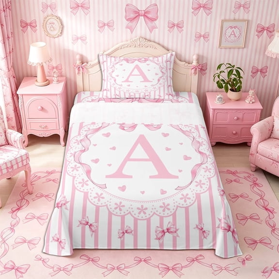 Meiyoeat Watercolor Letter A Print Twin Sheets 3pcs, Cute Stripes Bow Pattern Bedding, Pink White