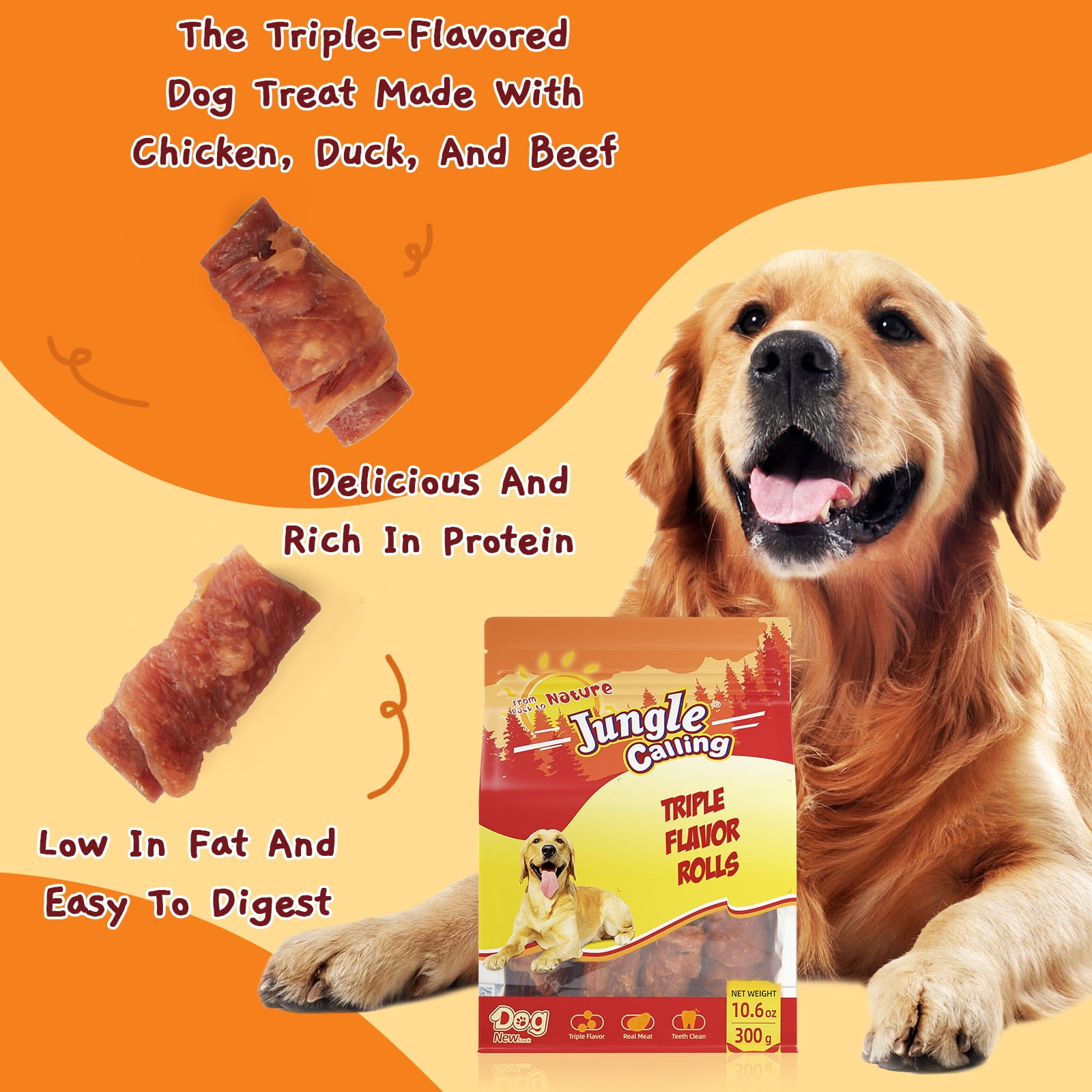 (2 pack) Jungle Calling Triple Flavor Rolls Dog Treats,Real Chicken Duck Beef Meat, Rawhide Free Dog Snacks