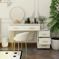 thumbnail image 4 of Velvet Upholstered Vanity Desk with Chair, Vanity Set with 5 Big Drawers, Makeup Table with Padded Chair, Marble-Look Sticker Top Dressing Table with Left/Right Adjustable Storage, Beige, 4 of 13
