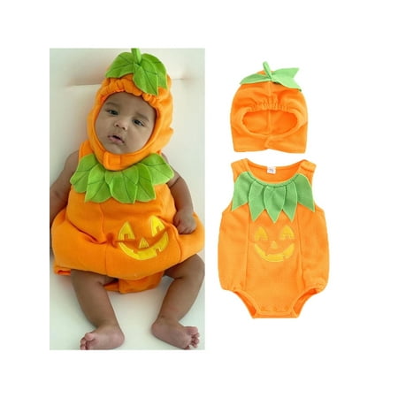 

Newborn Infant Boys Girls Halloween Outfits Unisex Baby Pumpkin Jumpsuit Clothes Set 2pcs Romper + Hat