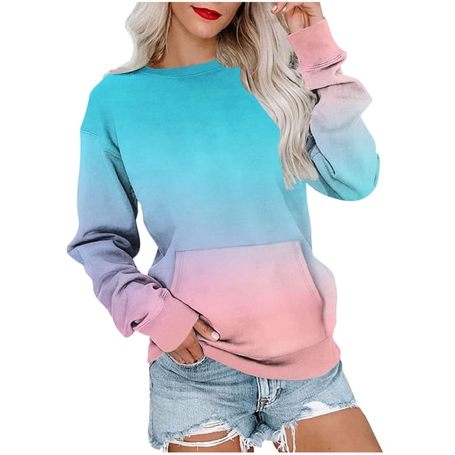 Dagugfen Chemises à Manches Longues pour Femmes Chandail Dégradé Col Rond Ample Vêtements d'Automne Tendance Confortables Chandails en Molleton