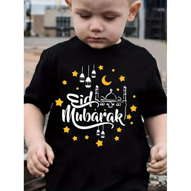 Camiseta Eid Mubarak para niño de MILKYSHIP | Camiseta informal de algodón negro con estampado de mezquita y estrellas | Cuello redondo, manga corta | Ropa de verano | Top para celebraciones islámic