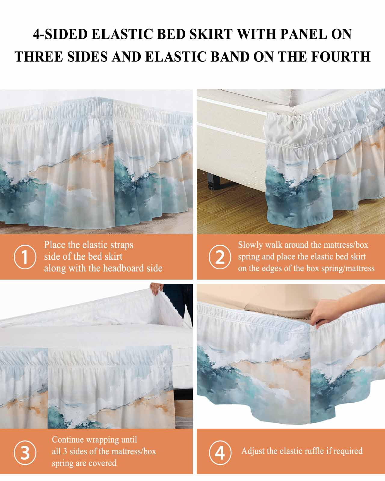 Teal Beige Wrap Around Bed Skirts for Queen Bed 16" Drop, Bed Skirt with Adjustable Elastic Belt Dust Ruffle Bed Valance for Bedroom Hotel Luxury Modern Oil Painting Art Coastal Bed Frame Cover