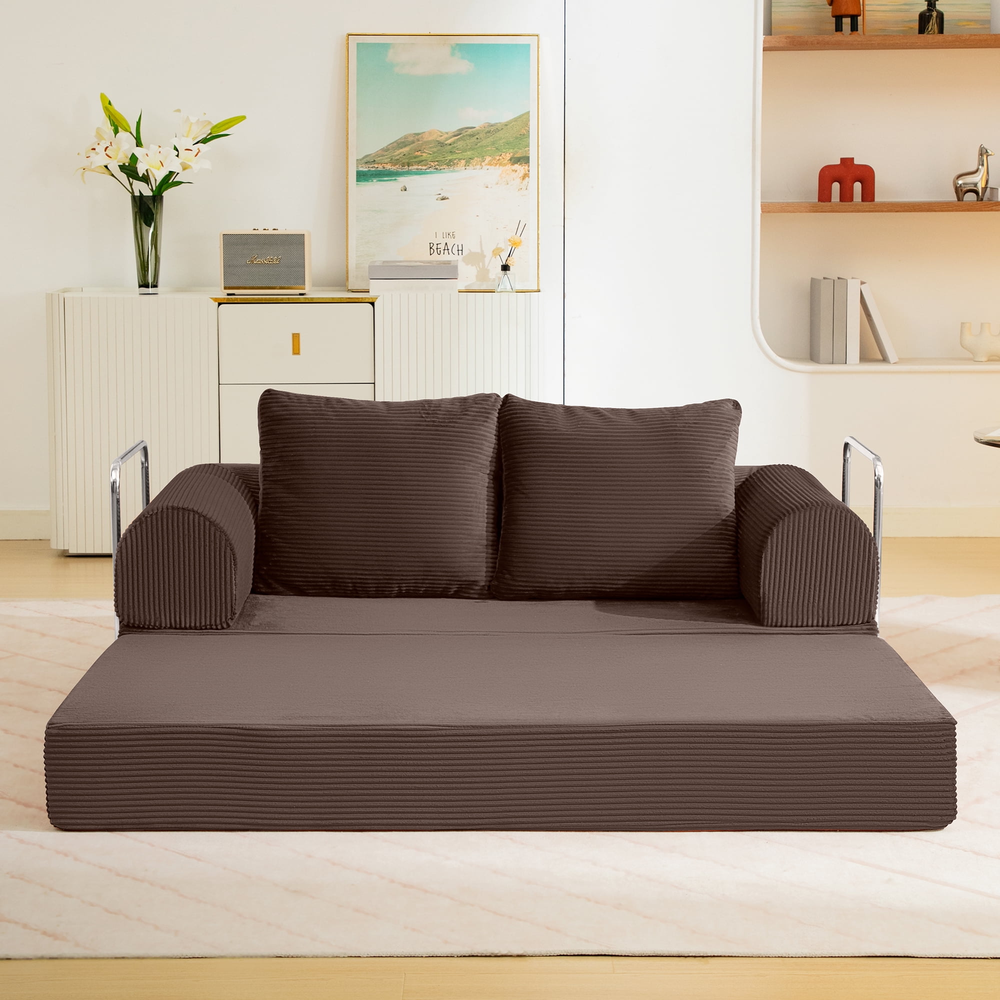 COOLHUT 63" W Convertible Sofa Bed, Foam Floor Sofa, Folding Sleeper Sofa Couch Bed with Six Frame, High Rebound Density Sofa, Corduroy Sofa Couch Bed for Living Room, Bedroom, Coffee