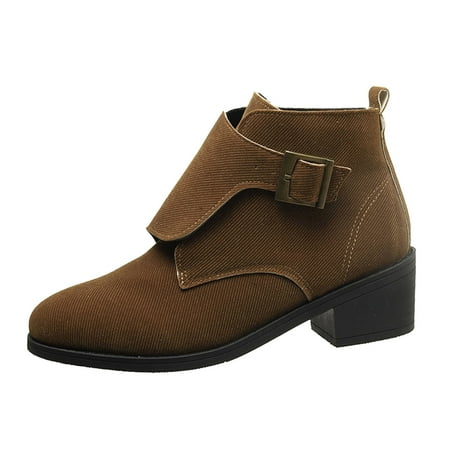 OJSFQUFP Women Ankle Boots Ladies Fashion British Solid Color Canvas Pointed Thick Heel Short Ankle Boots Comfortable Fall Shoes Womens Leather Boots Brown 41