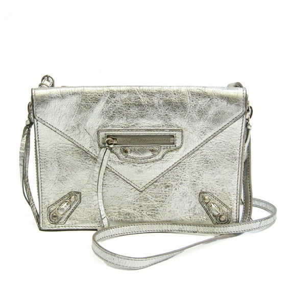 Pre-Owned Balenciaga Paper Triple XS 398815 Women's Leather Shoulder Bag Silver (Good)