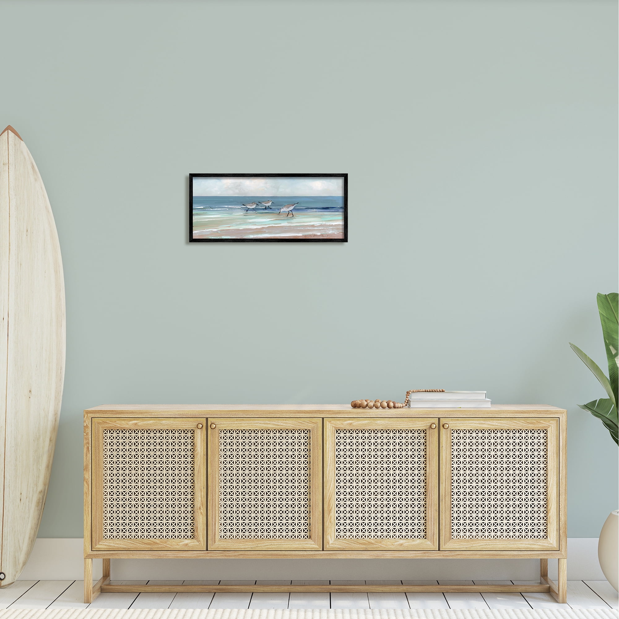 Stupell Industries Panoramic Sandpipers Birds Shoreline Ocean Landscape Painting Black Framed Art Print Wall Art, 24x10, by Sally Swatland
