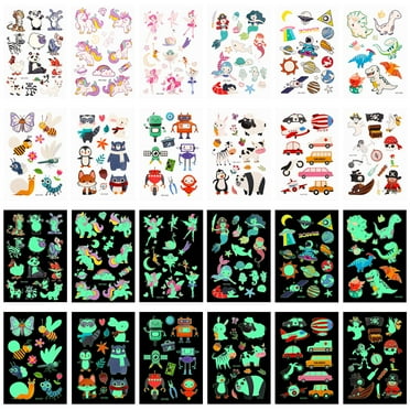 Qweryboo 12 Sheets Glow Temporary Tattoos For Kids, Waterproof Luminous Tattoo Sticker, Mixed Styles Glow In The Dark Cartoon Tattoos, Unicorn Dinosaur Mermaid Space Fake Tattoos for Kids