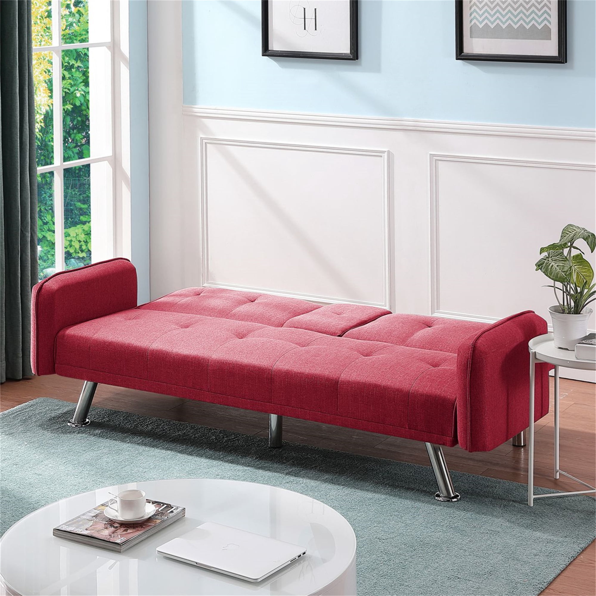 Aukfa 75" Square Arm Futon Convertible Sofa Bed for Home Office, 2 Cup Holders, Linen, Red