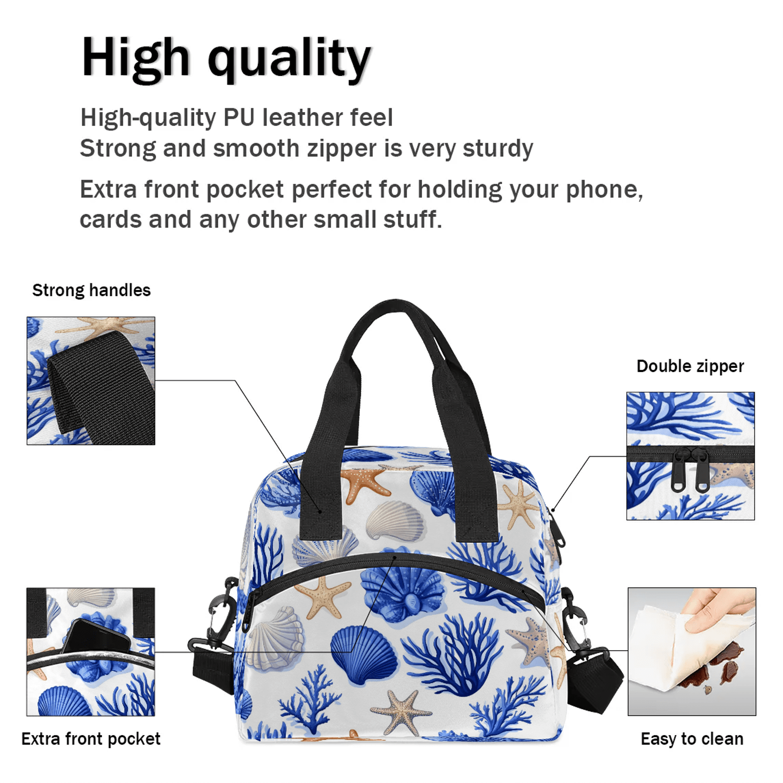 Herdesigns Starfish and Seashells Lunch Bag for Women Men Adult, Nautical Coastal Large Insulated Reusable Lunch Box Leakproof Portable Cooler Tote Bags for Work Picnic Beach