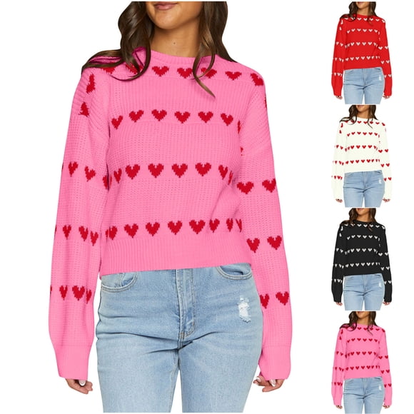 Feancey Womens Knit Tops Dressy Casual Heart Print Cropped Sweater Fall Long Sleeve Crewneck Pullover Sweaters Soft Cute Knitted Jumpers Pink L
