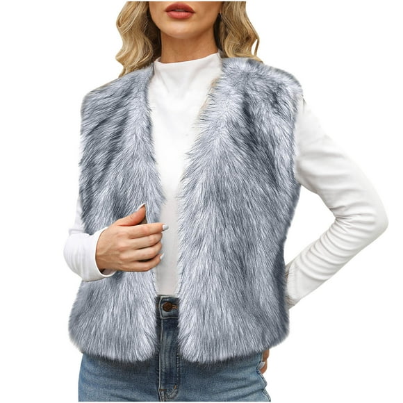 Lovzfmll Women's Faux Fur Coat, Warm Winter Solid Round Neck Style Silver, M