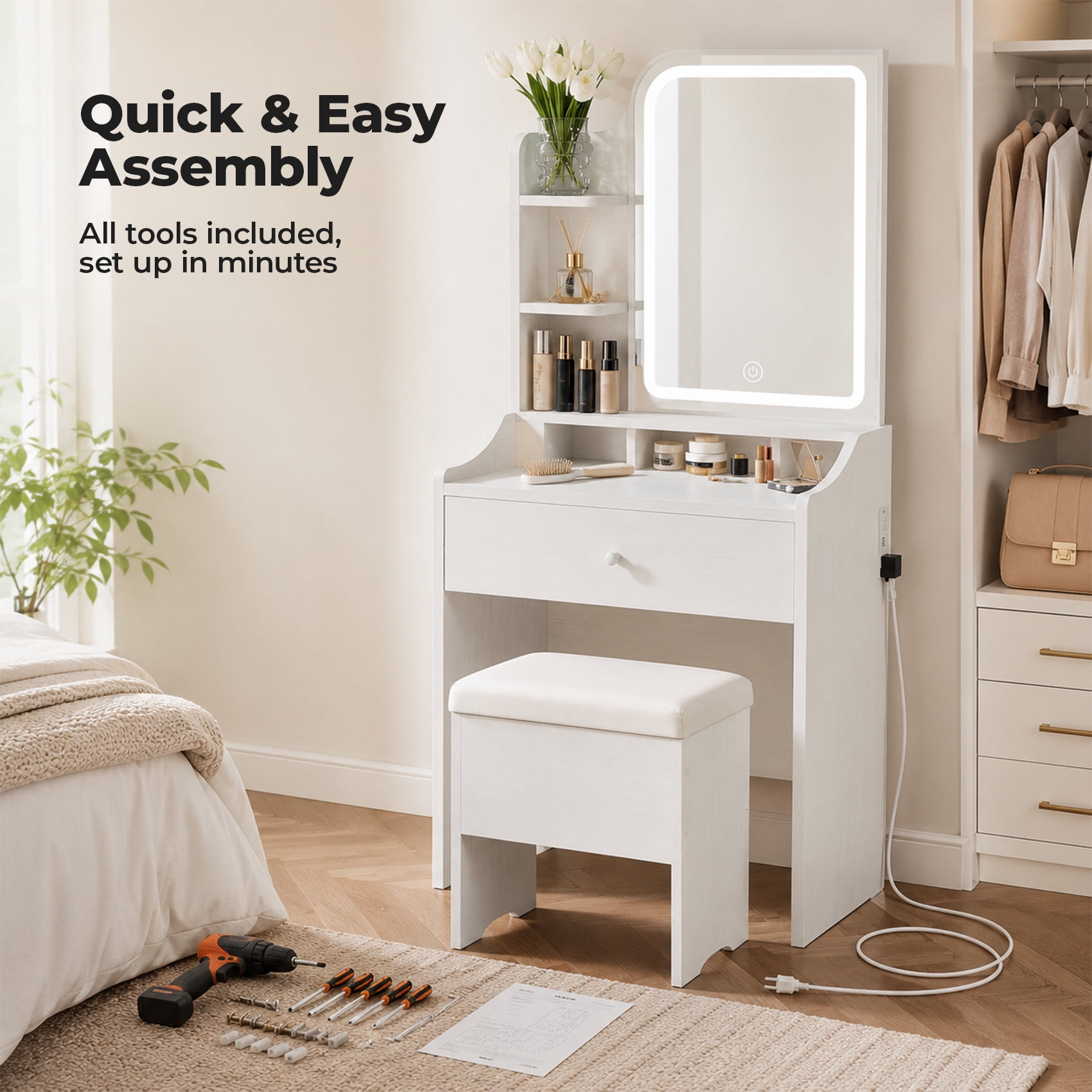 Alvantor Compact Makeup Vanity Desk with LED Mirror and Shelves Set