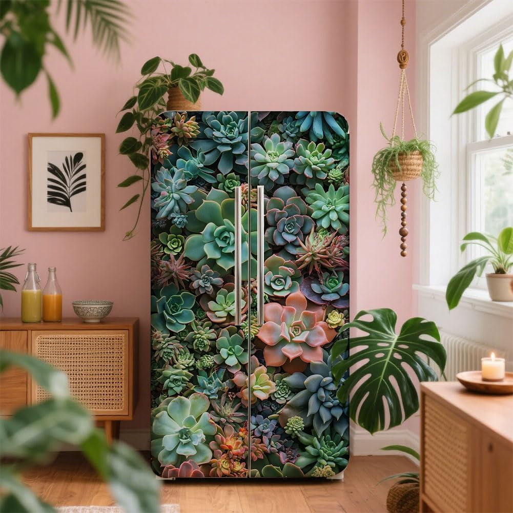 2 Sheet Succulents Removable Refrigerator Wraps Self-Adhesive Fridge Stickers Peel and Stick Vinyl Fridge Decals Sticker