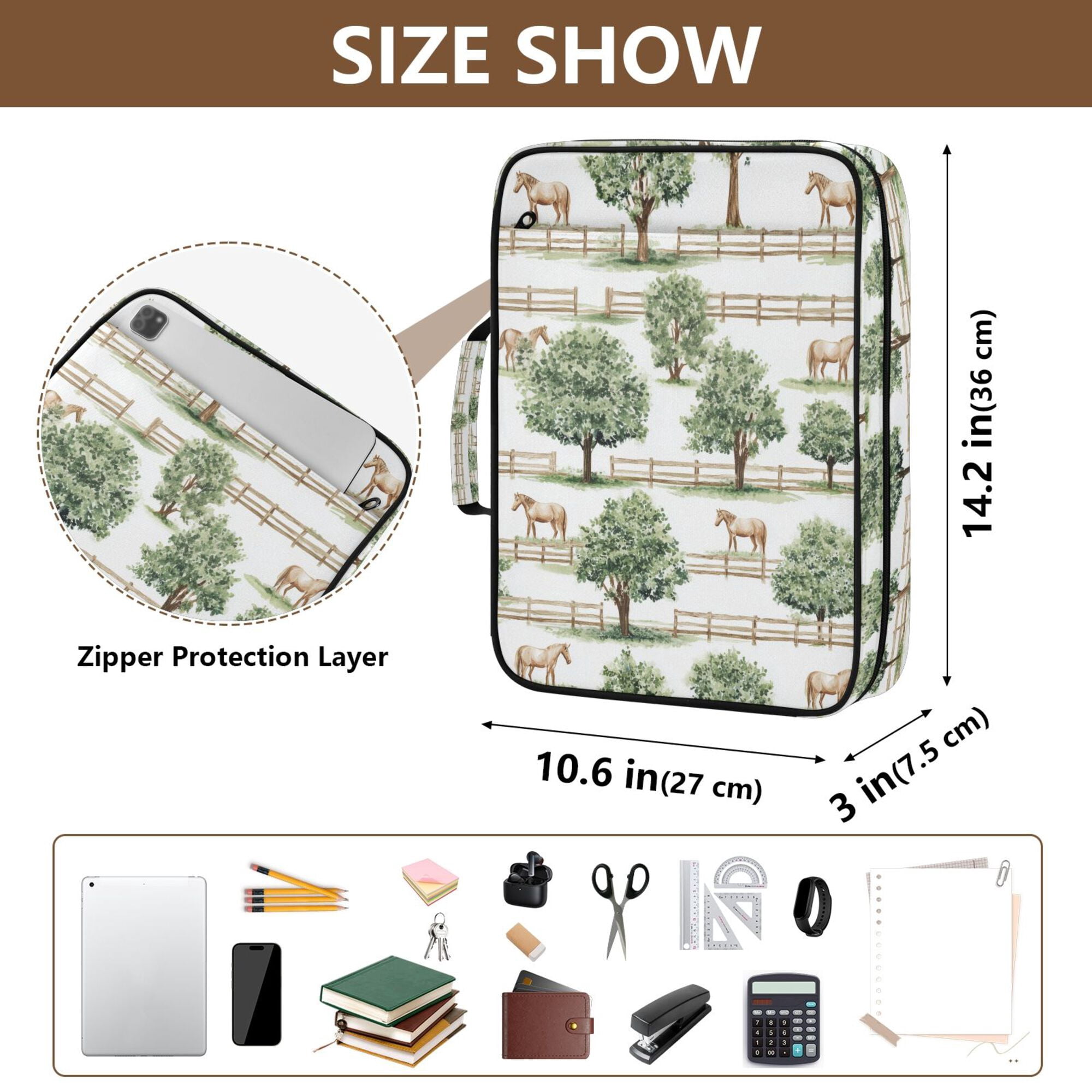 FORMRS Accordion File Folder A4 Size 7-Pocket Expanding Document Organizer Bag with 3 Ring Binder, Watercolor Horses Pattern