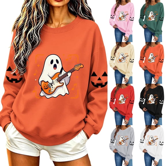 TKLPEHG Halloween Sweatshirts for Women Cute Guitar Ghost Graphic Fall Sweatshirt Fashion Crewneck Long Sleeve Casual Vintage Pullover (Gray,S)