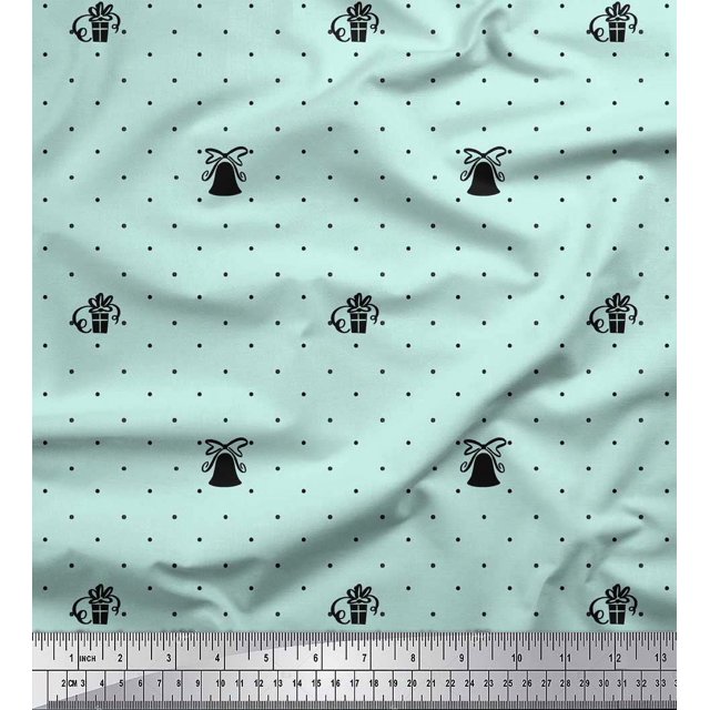 Soimoi Green Rayon Fabric Gift Box & Bell Dots Decor Fabric Printed Yard 56 Inch Wide