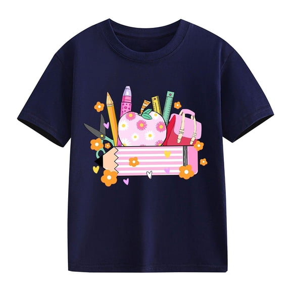 YunPes Girls Back To School T Shirt Floral Apple Crayon Ruler Scissors Backpack Graphic Print Short Sleeve Tees Kids Casual Daily Tops