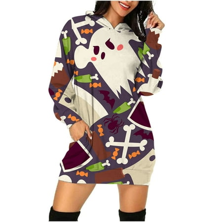 

Women Halloween Hoodies Dress Casual Skull Pumpkin Printed Long Sleeve Hooded Tunic Dress Oversized Plus Size Loose Fit Pockets Sweatshirt Knee Length Dresses