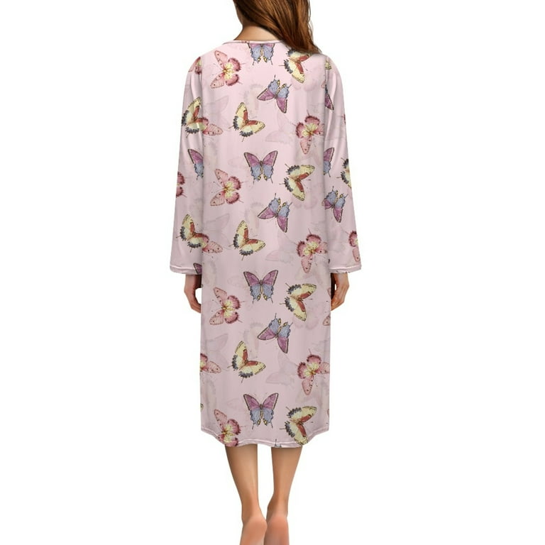 ForUDesigns For U Designs Butterfly Pink Pattern House Dresses For Women Soft Long Sleeve Night Gowns Lightweight Woven Housecoat with Pockets, House