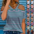 thumbnail image 6 of Lovskoo Womens Summer Tops Trendy Striped Print V-Neck Off Shoulder Casual Short Sleeved Top Shirt Purple, 6 of 6