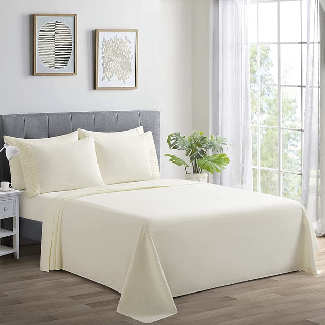 REJODA-Ultra Soft Silky Deep Pocket Solid Rayon from Bamboo All Season 6 Pieces Sheet Set with 4 Pillowcases, Ivory Color King Size
