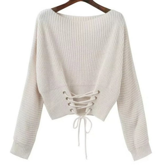 Qetyuw Womens Cropped Sweaters Crew Neck Long Bandage Front Pullover Jumpers Knit Long Sleeve Casual Sweater