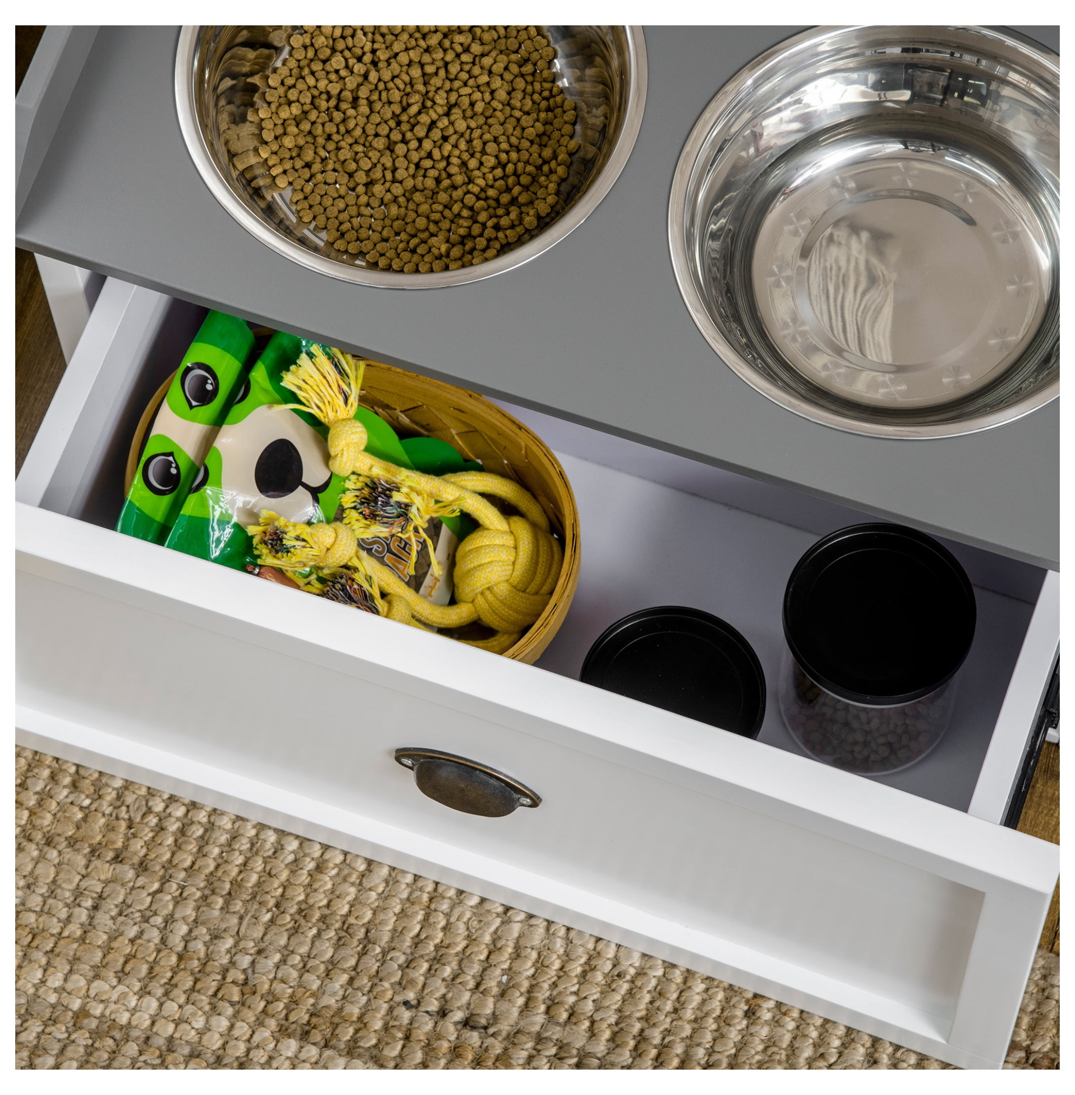 Dog Feeding Station with Storage, Elevated Bowls for Large Dogs - White Pet Feeder with Drawer & Cabinet