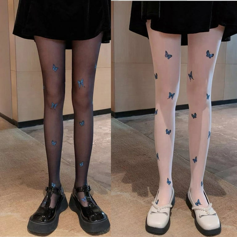 LowProfile High Waist Tights Stockings for Women 2PC Ultra-Thin  Blue-Butterfly Print Bottoming Hollow Socks Pantyhose Warm Pants White