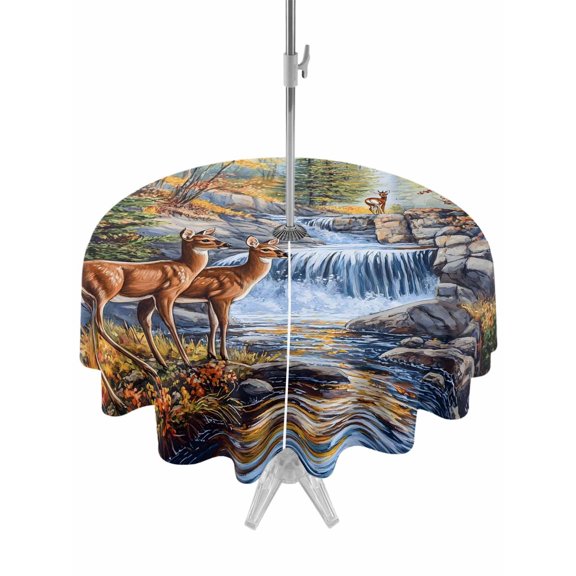 Outdoor Table Cloth with Umbrella Hole and Zipper, Autumn Deer Waterproof Round Tablecloth 54 Inch, Farmhouse Elk River Washable Table Cover for Outside Party Patio Picnic