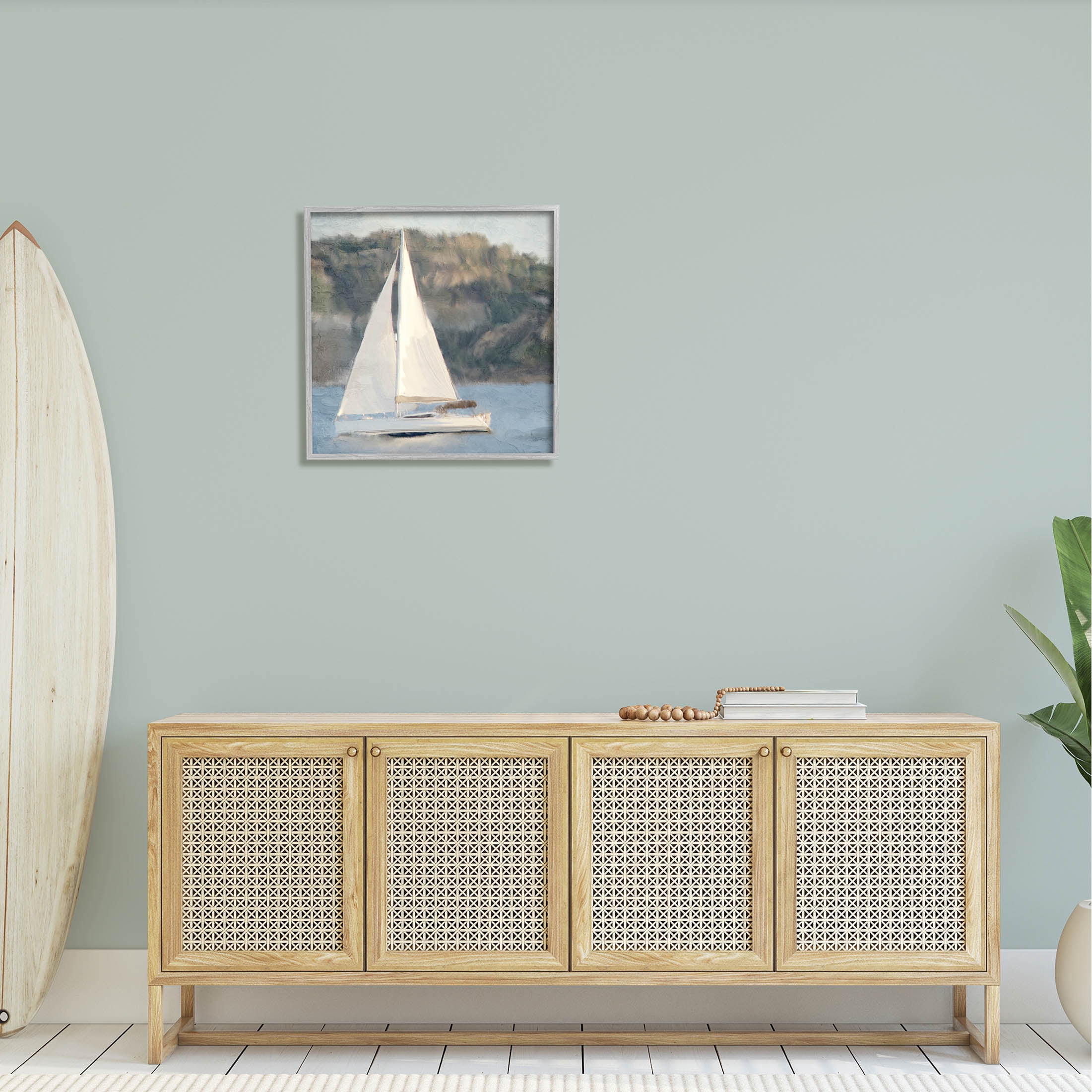 Stupell Industries Nautical Sailboat Rocky Mountain Cliffs Graphic Art Gray Framed Art Print Wall Art, Design by Kim Allen