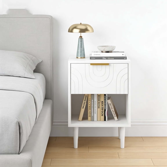 Modern Compact White Nightstand, Gold Handle Drawer & Wood Legs, Kids Bedside Table for Boys Girls Bedroom Small Living Spaces