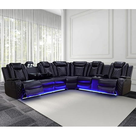 Recliner Sofa Sectional Couches with LED Light for Living Room,Leather Reclining Corner Sectional Sofa with 2 Recliner Seats,Cup Holder,Storage Console for House/Home Theater, Black